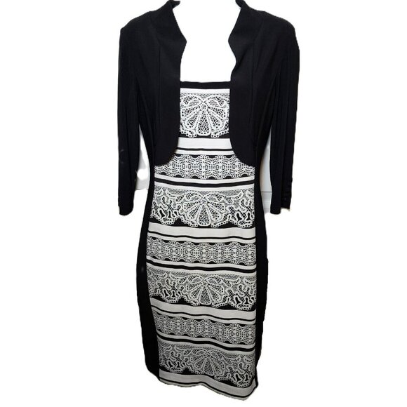 Joseph Ribkoff Size 6 Aztec Print Dress with Bolero Jacket | Black White Elegant - Picture 4 of 8